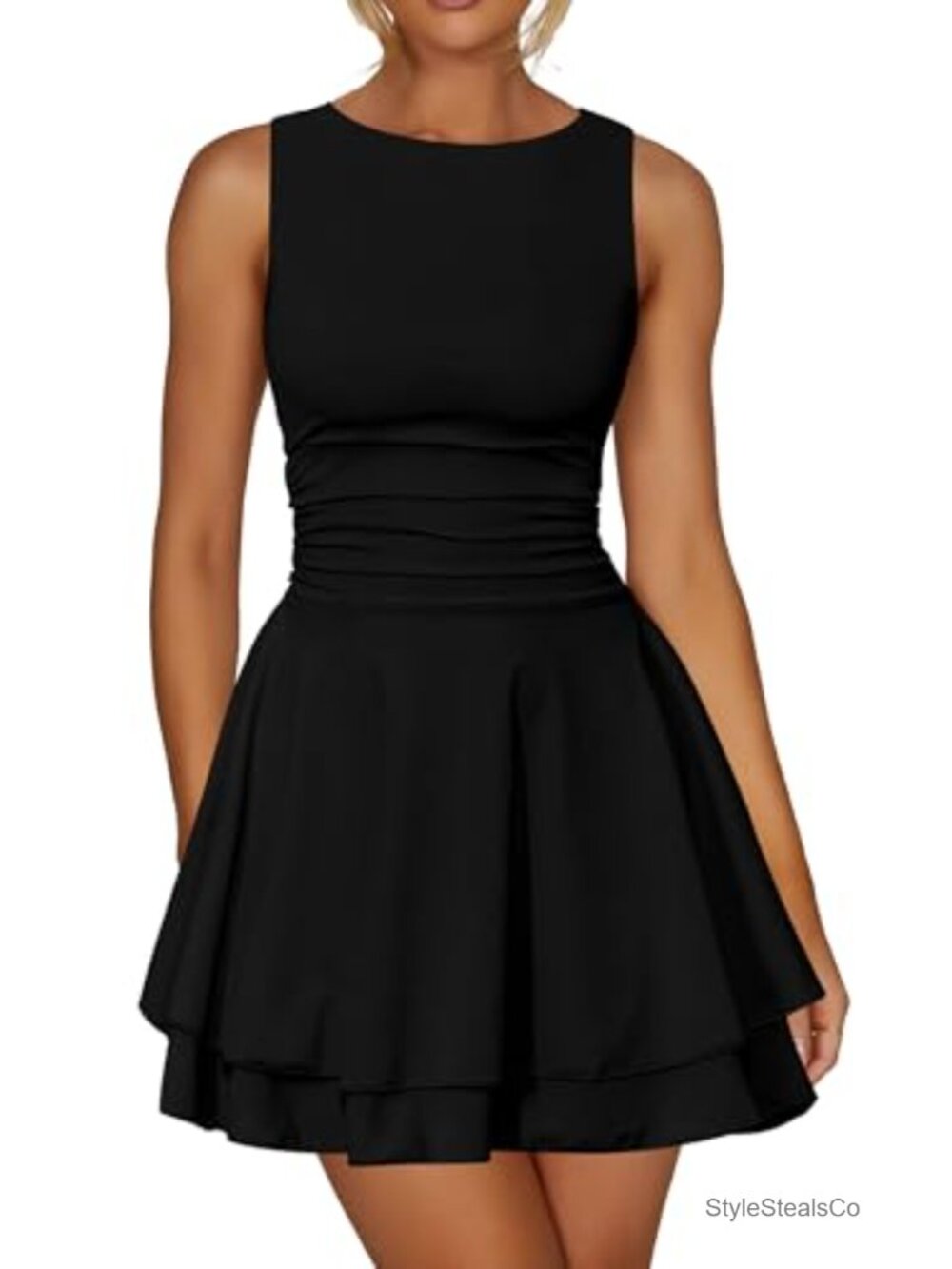 Ruffle Hem Boat Neck A-Line Mini Dress Ruched Waist Party Club Cocktail